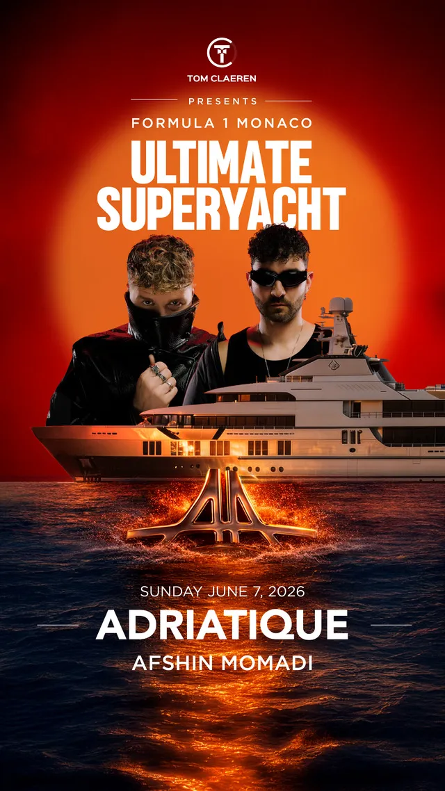 Adriatique × Ultimate Superyacht poster — Sunday June 7, 2026, opened by Afshin Momadi